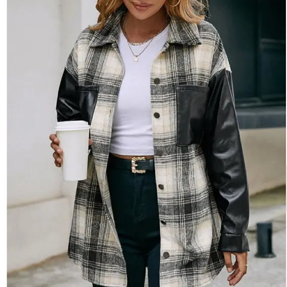 WOMEN'S Black Leather Long Sleeve Plaid Button Down Flannel